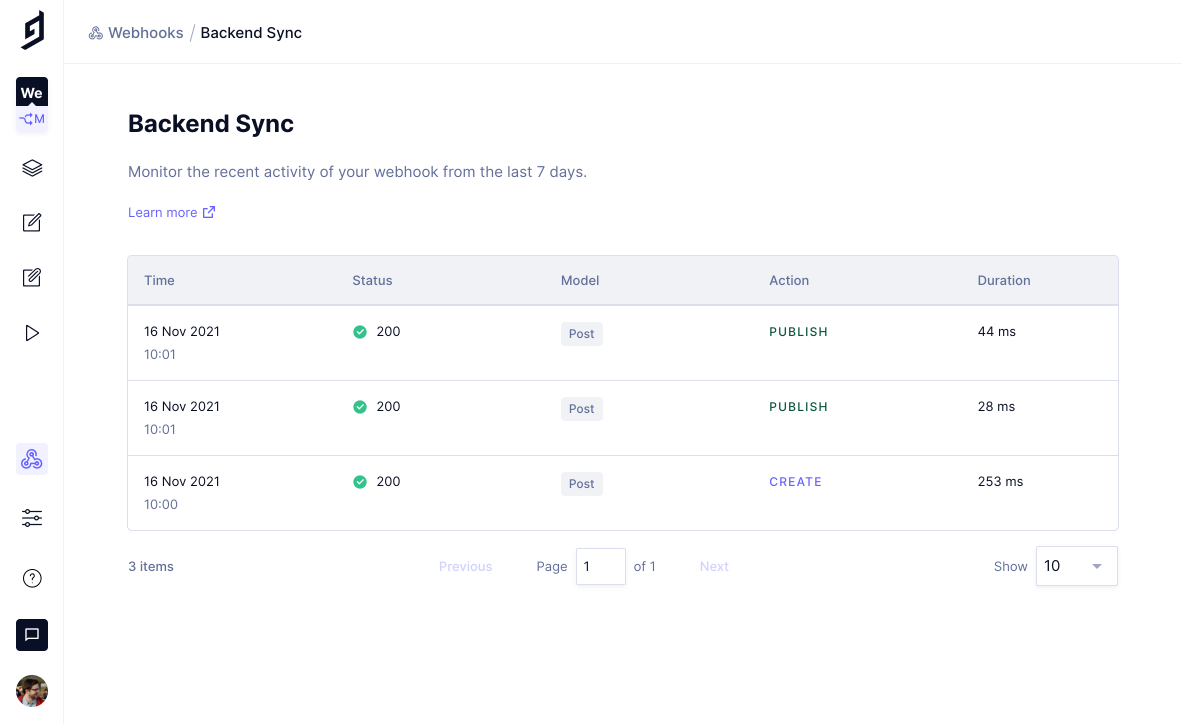 GraphCMS webhook logs overview