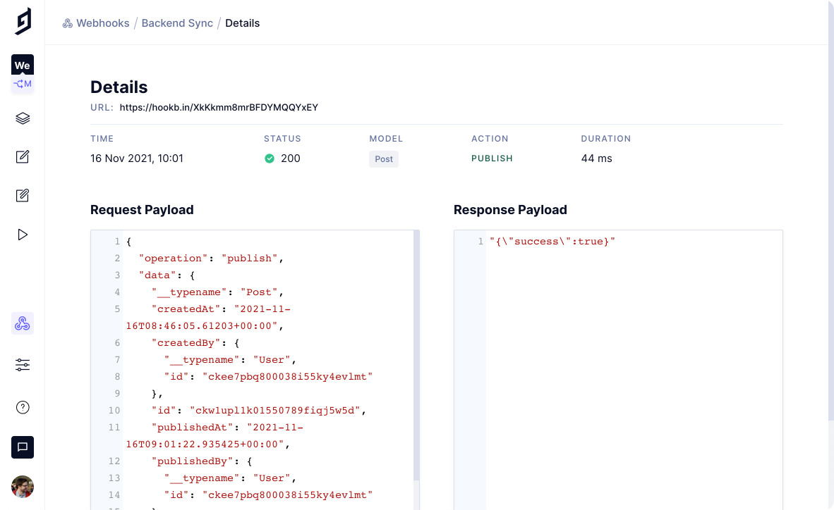 GraphCMS webhook logs details