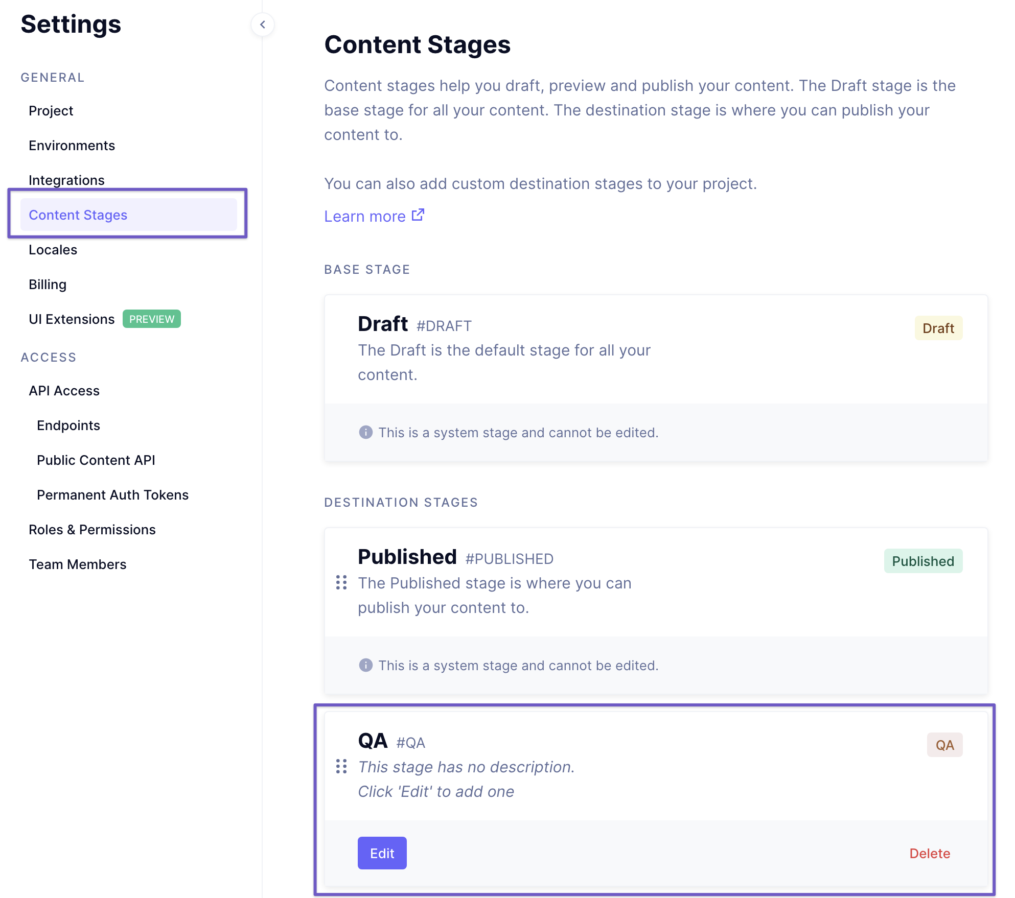 Content Stages Project Settings